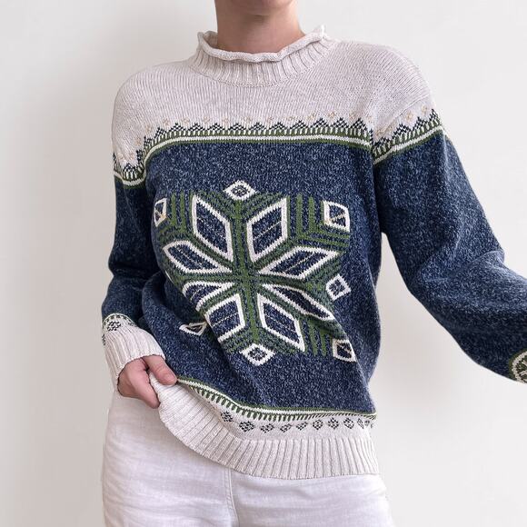 Vintage Cotton Wool Blend Sweater AOP Snowflake Sz S Christmas Mock Neck - Picture 2 of 8